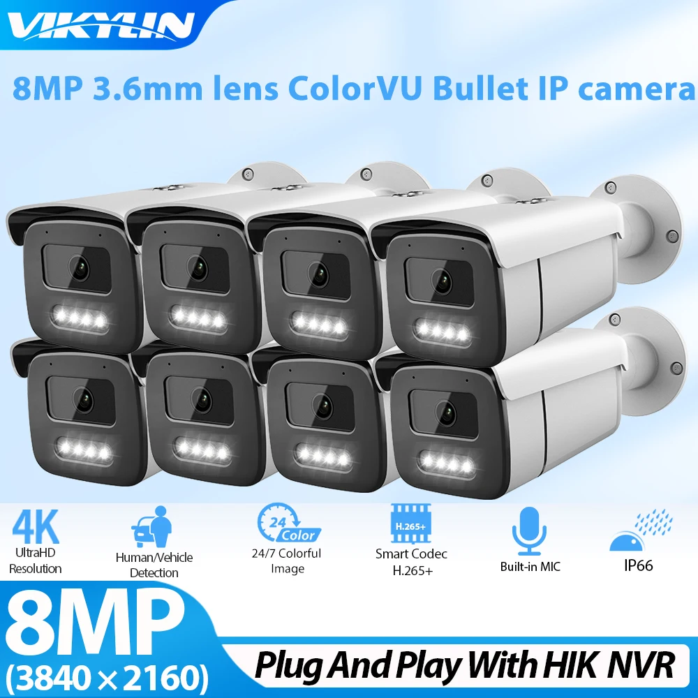 Vikylin 4K 8MP IP Camera for Hikvision Compatible ColorVU Human Vehicle Detection with MIC Home CCTV POE Security Caemra Onvif