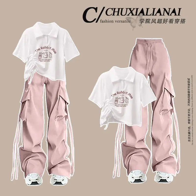 

Fashion Women's Suit New Printed Loose Casual Top with Drawstring Workwear High Waist Loose Wide Leg Pants Two-piece Set