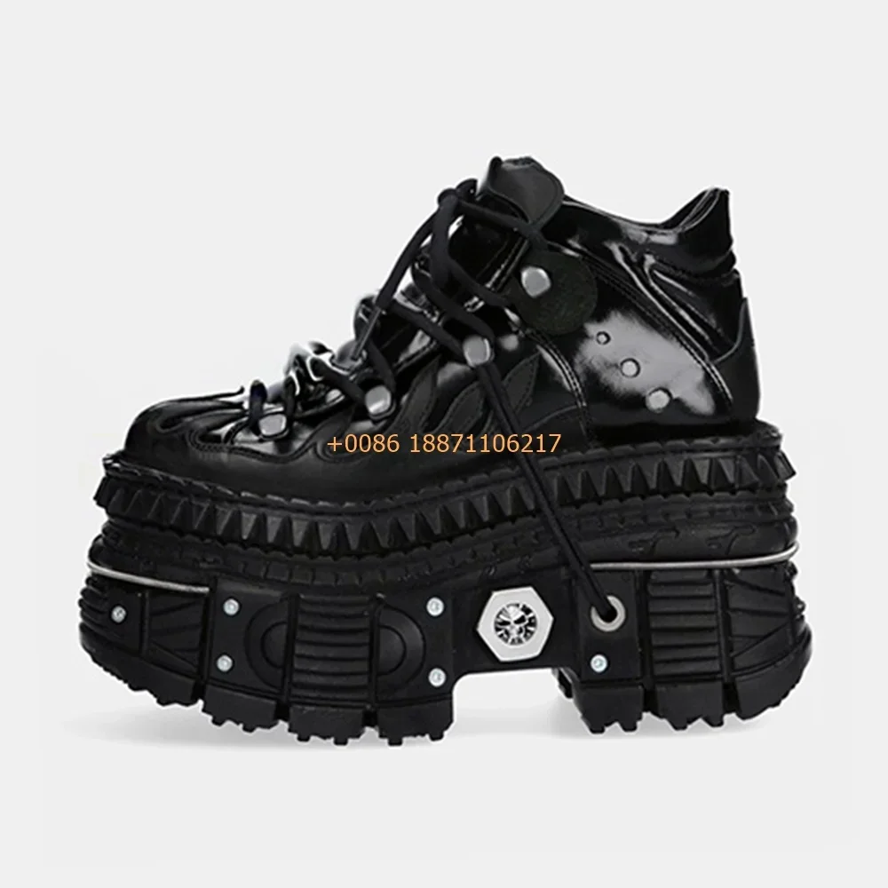 Round Toe Metal Rivet Short Boots 2024 New Fashion Men/women Black Sports Casual Lace Up Pumps Punk Street Rock Thick Sole Boots