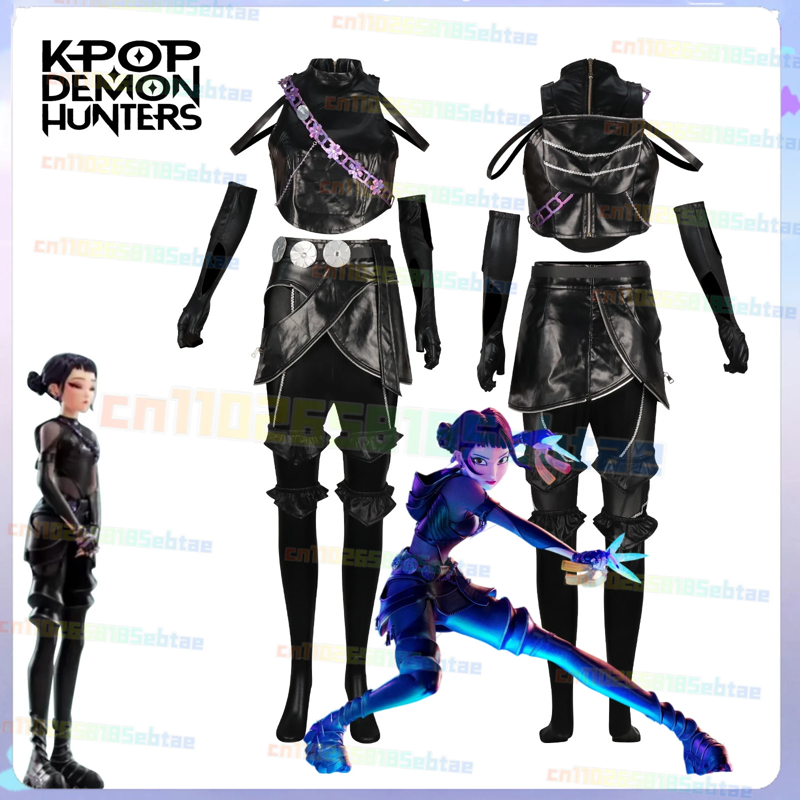 

Black Leather Jacket Suit K-pop Rumi Zoey Mira Demon Hunter Cosplay Costume Halloween Party Stage Play Uniform Girl Suit