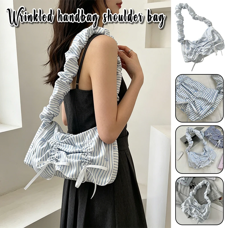 

Women Korean Style Pleated Tote Bag Large Capacity Crossbody Shoulder Handbag Blue White Striped Bow Flap Commute Purse