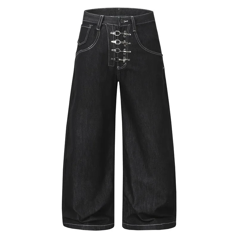 KIDWHXR Denim Pant Men High Street Solid Color Metal Buckle Man Wide Leg Jeans Washed Mid Waist Loose Casual Male Trousers