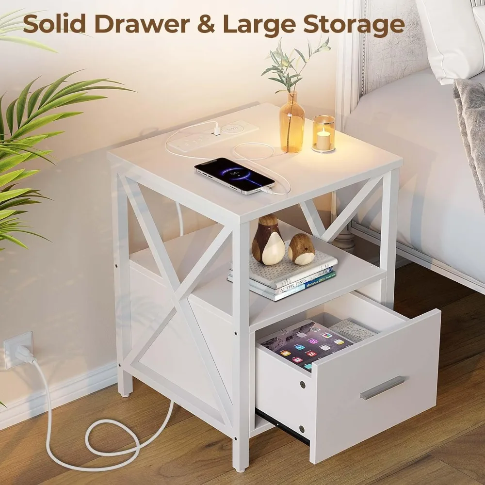 

Nightstand with Wireless Charging Station, Nightstand with Power Outlet & USB Ports, Side Table with Drawer Storage Shelf