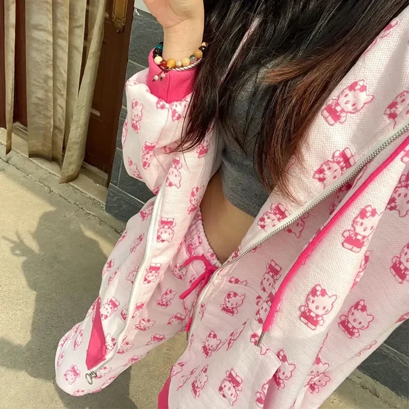 Sanrio Hello Kitty Women Hoodie Sweater Set Sweatpants Two Pcs Y2k Embroidery Sexy Fashions Top Jackets Clothing Velvet Set Gift