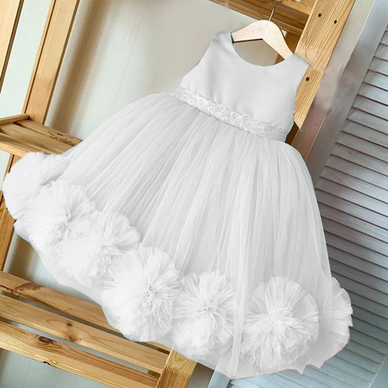 Fluffy Lace Flower Trailing Party Girls Dresses For Kids White Bow Birthday Wedding Princess Dress Bridesmaids Evening Ball Gown