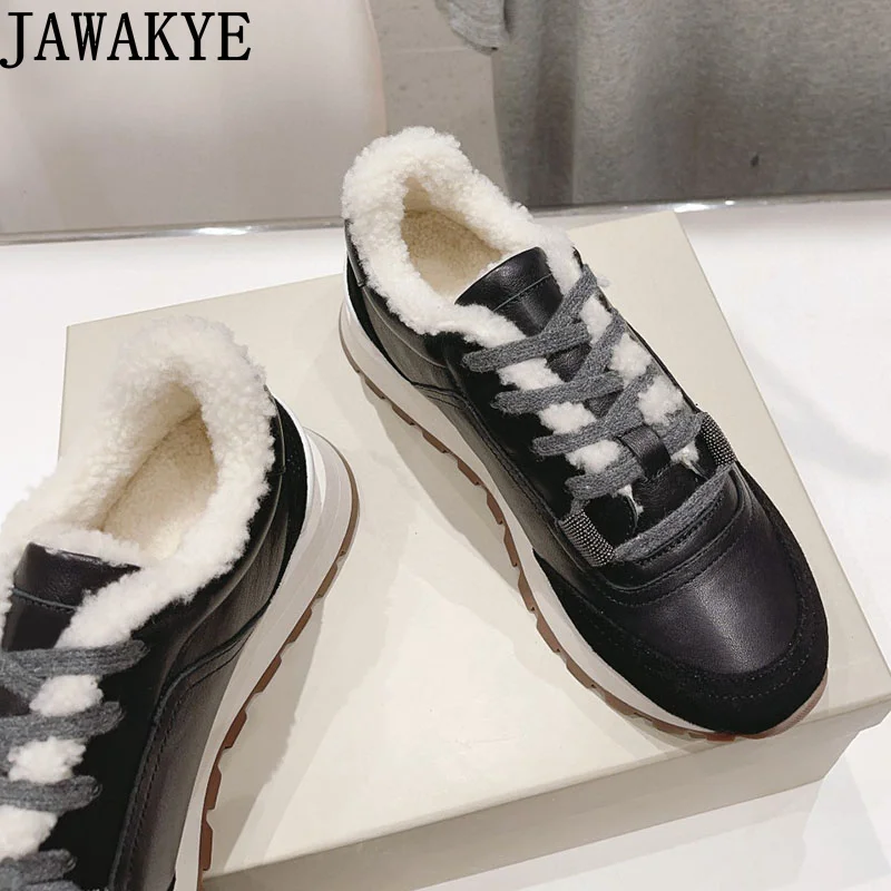 High Quality Real Suede Leather Fur Sneakers Winter Fashion Brand Mixed Color Platform Shoes Beading Walking Loafers Shoes