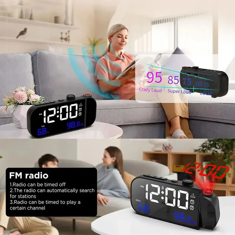 Digital Projection Alarm Clock with FM Radio, Temperature and Humidity display. Smart Sound Control Light Up Function. Gift Idea