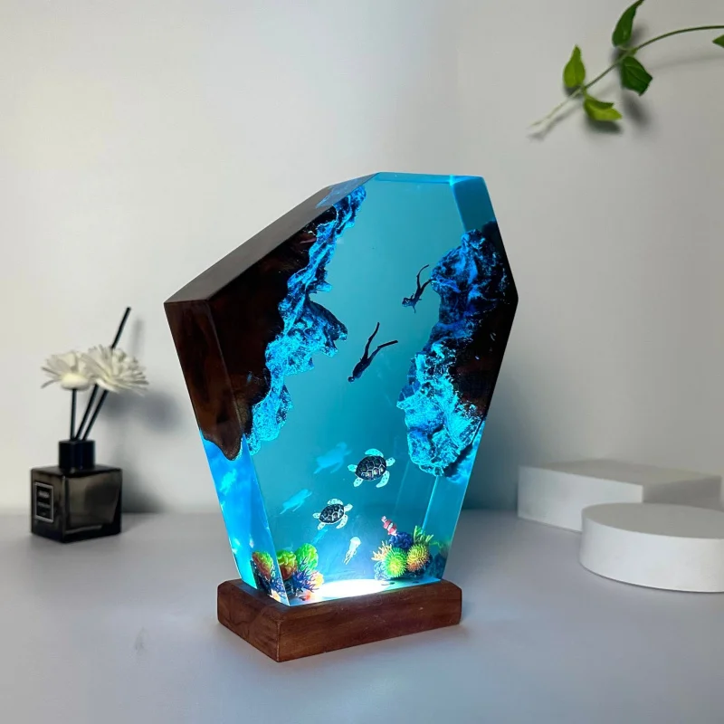 

Turtle Dad, Turtle Mom, Little Turtle Resin Wood Lamp Epoxy resin marine lamp Diver-themed gift for son