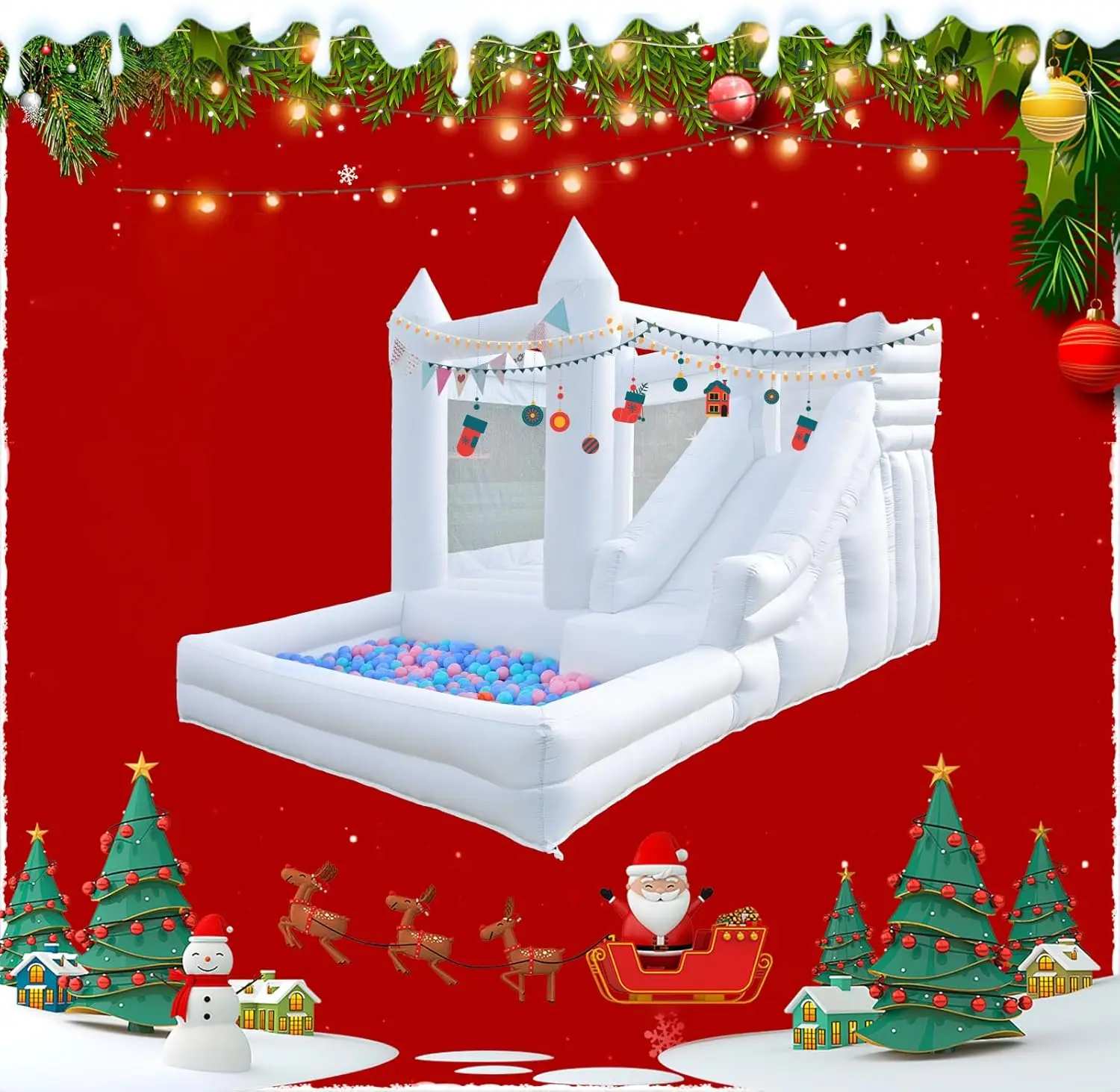 Maison de rebond gonflable blanche Oxford de 12 pieds, maison de rebond avec fosse à balles, maison de rebond avec toboggan, grand gonflable intérieur et extérieur