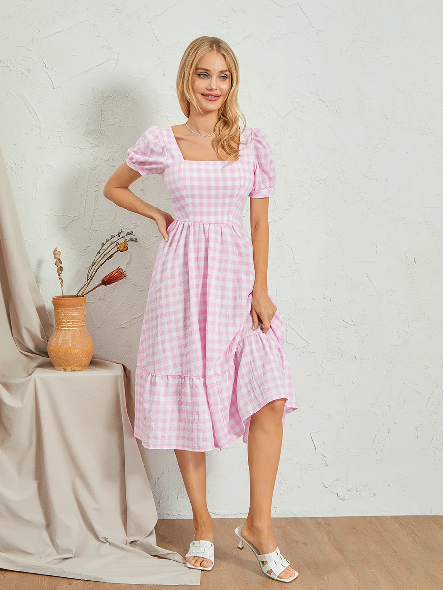 Vestido xadrez feminino, gola quadrada, plissado, manga curta para sopro, linha A casual, balanço fluido, rosa, verão