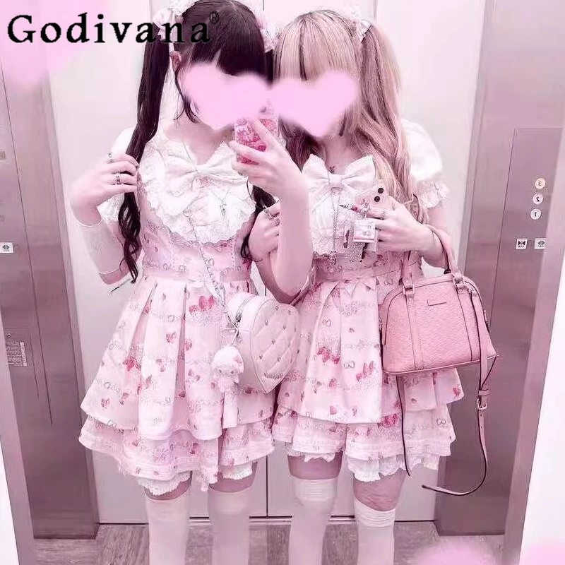 

2026 New Japanese Style Original Lolita Strawberry Print Embroidered Bow Dress Sweet Cute Doll-Like Short-Sleeve Dress for Girls