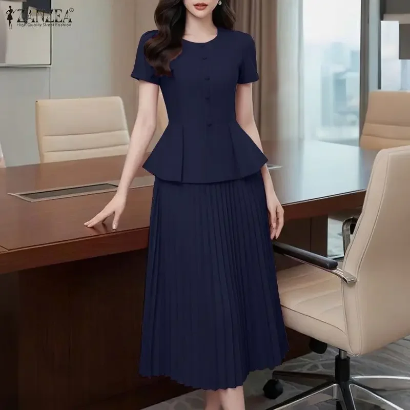 ZANZEA Elegant 2 Piece Outfits Women Short Sleeve Solid Top and Long Skirts Summer Dress Sets 2026 Casual Office 2pcs Streetwear