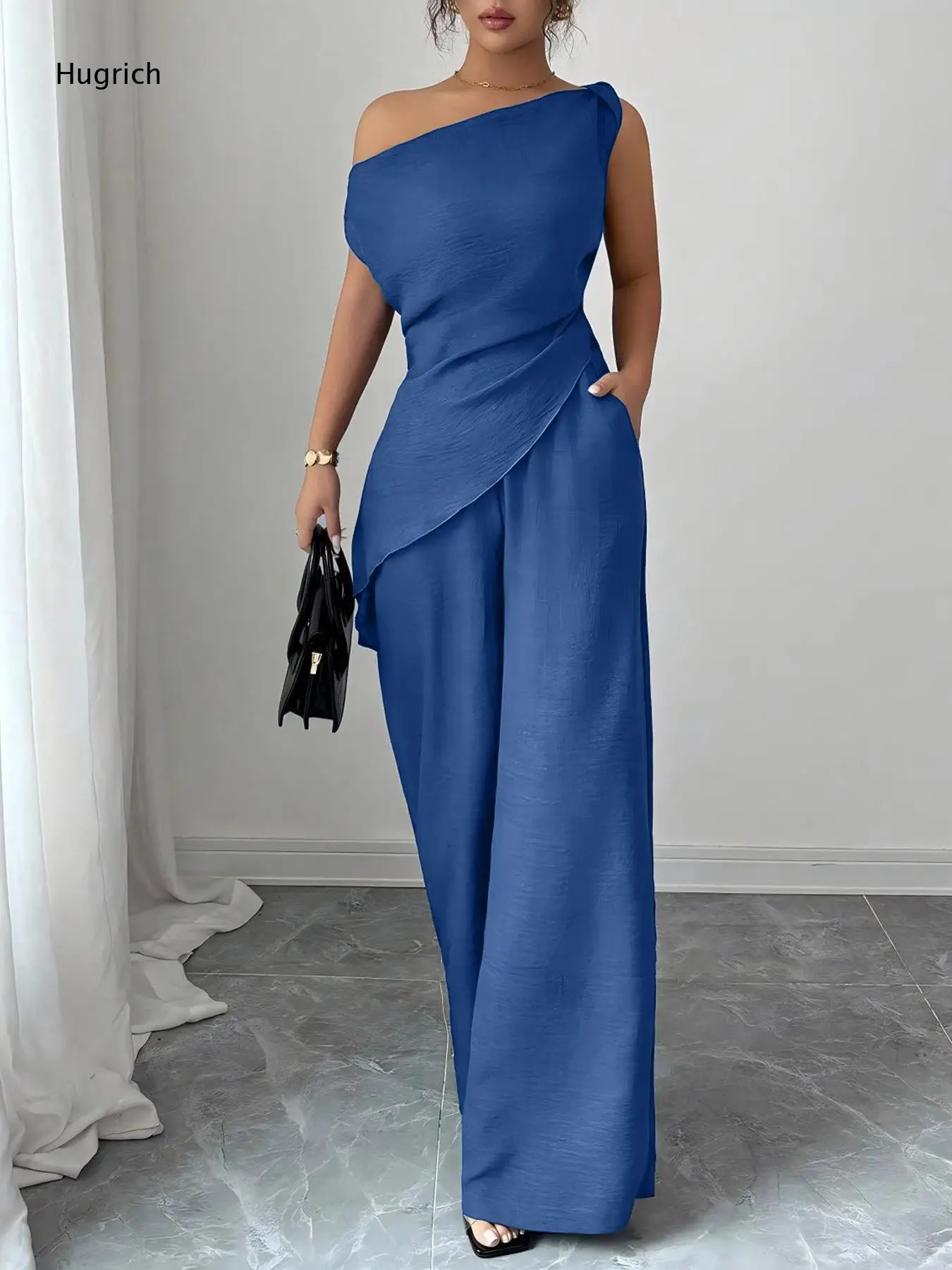 Casual Luxury Textured Fabric Two Piece Set Women One Shoulder Draped Top Side Pocket Long Pants