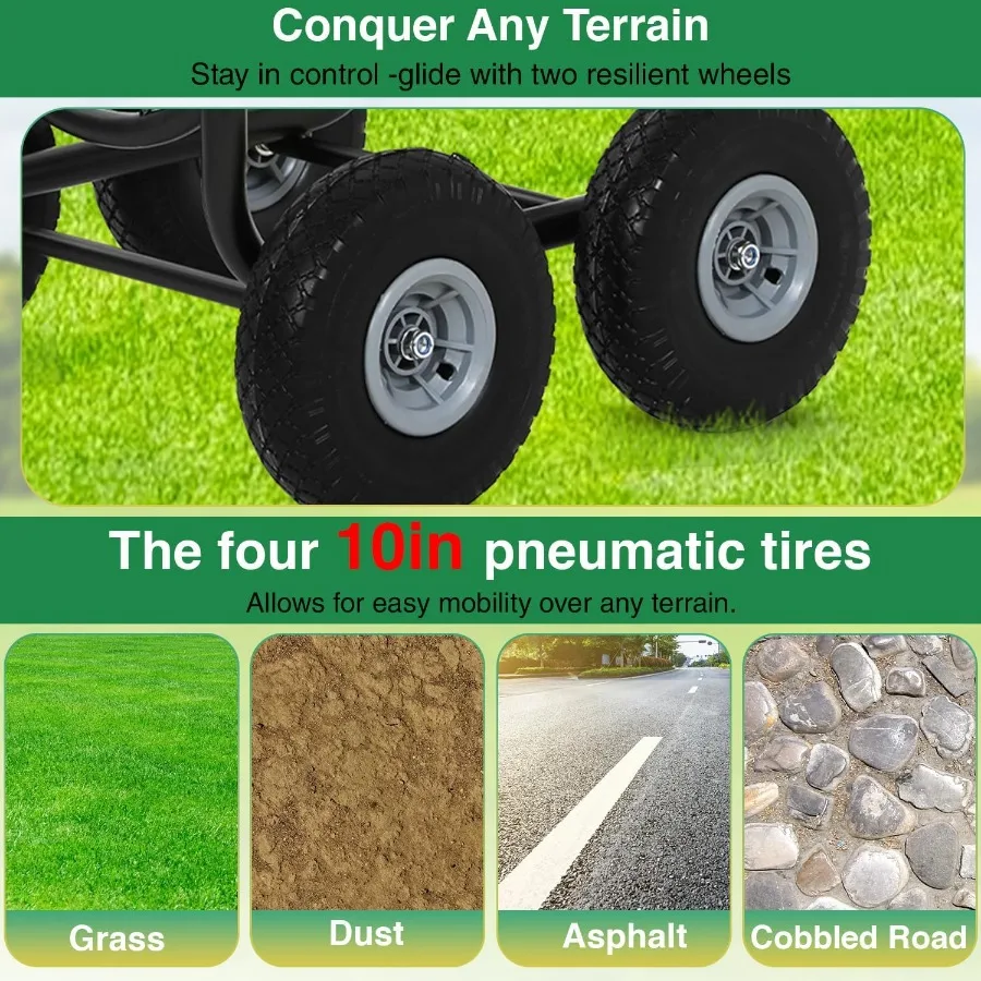 頑丈なガーデンホースリールカート、屋外植栽や芝生の水やりに、300フィート容量、スチール製、4輪収納