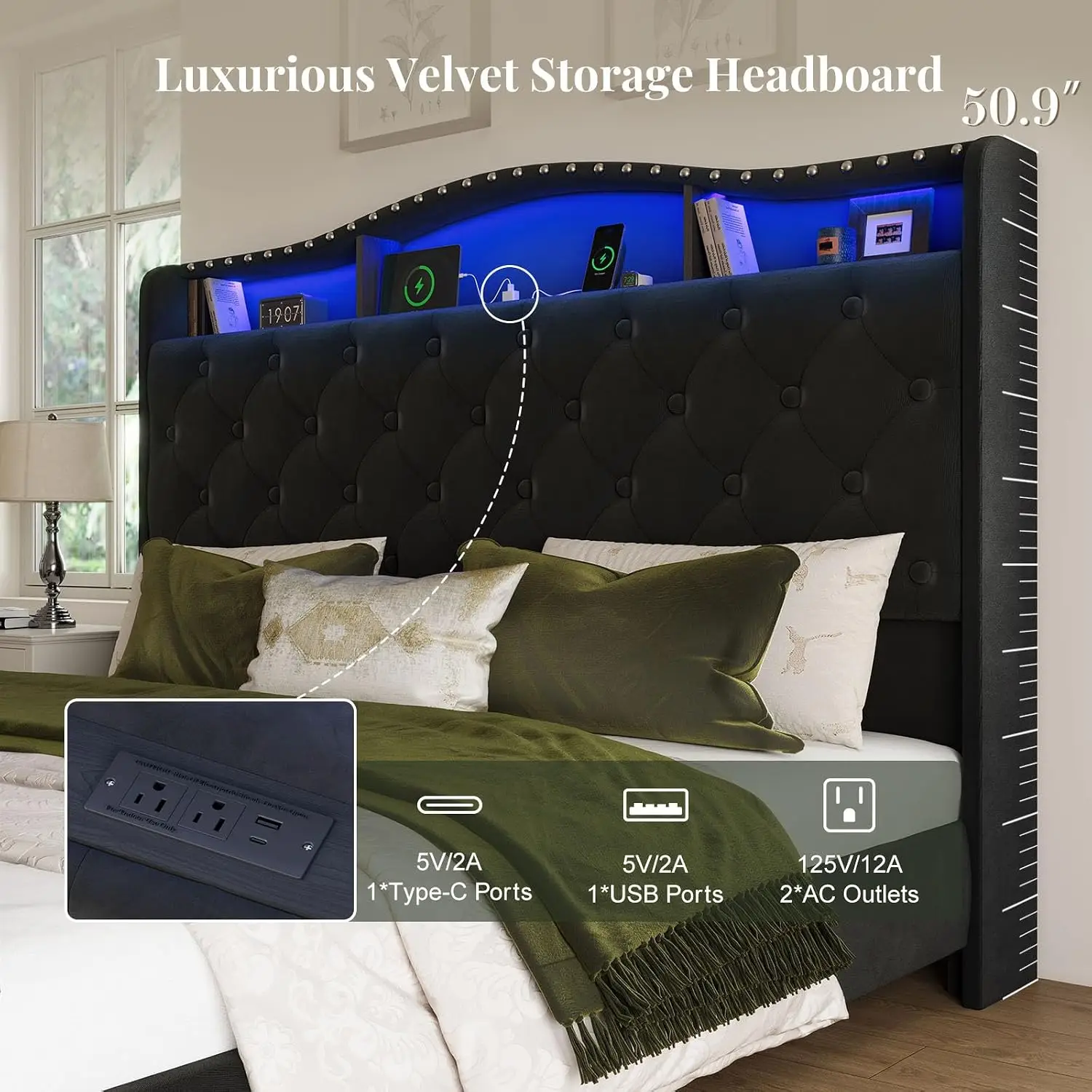Queen Size Platform Bed Frame with 50.9" LED Headboard, Black | Velvet Upholstered Low-profile Bed, Handmade, Customized - view 3