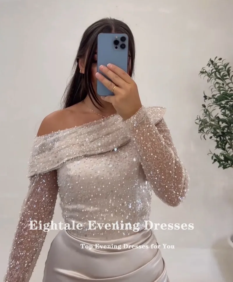 Eightale Elegant Evening Dresses Sequined High Side Slit Long Sleeves Satin Customized Prom Gown Wedding Party Abendkleider