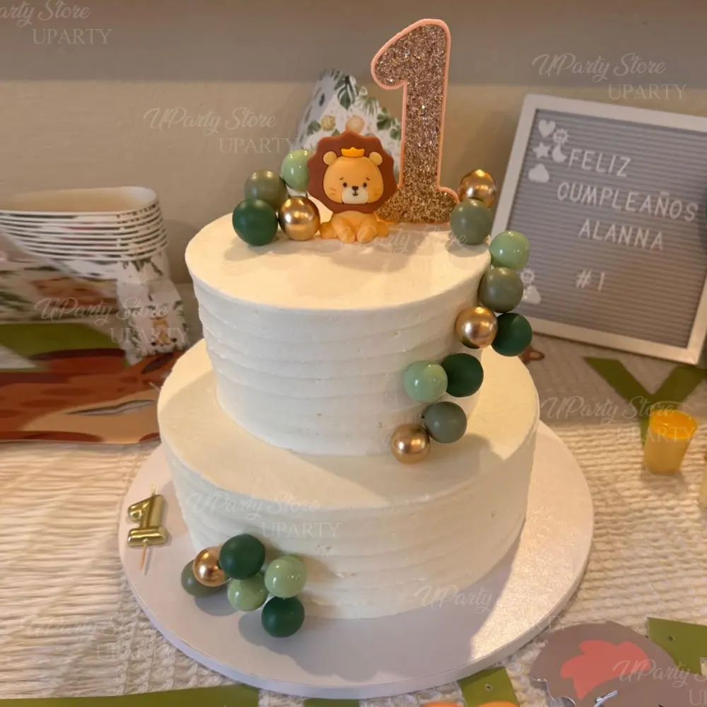 21-teiliges Set Dschungeltier-Kuchendekoration aus Metall, Gold, grüne Schaumstoffbälle, Löwen-Kuchendekoration für Safari-Tier-Themen-Geburtstagskuchen-Dekoration – Detail 3