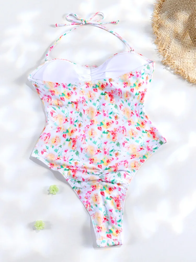 ZRTAK Floral Print Bandeau Monokini One Piece Swimsuit Female Knot Brazilian Style Swimwear 2025 Trendy Beachwear Bathing Suit