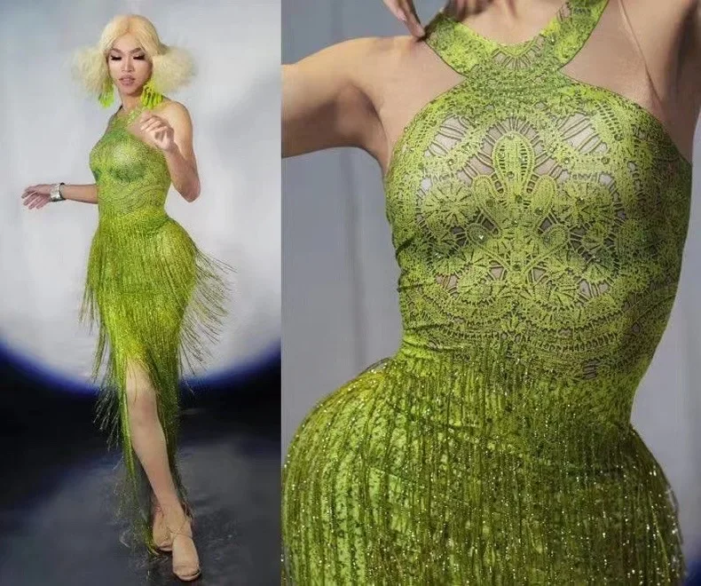 Estoque verde impressão sem mangas borlas sexy fenda bainha vestido de festa à noite boate desempenho traje palco wear vestido