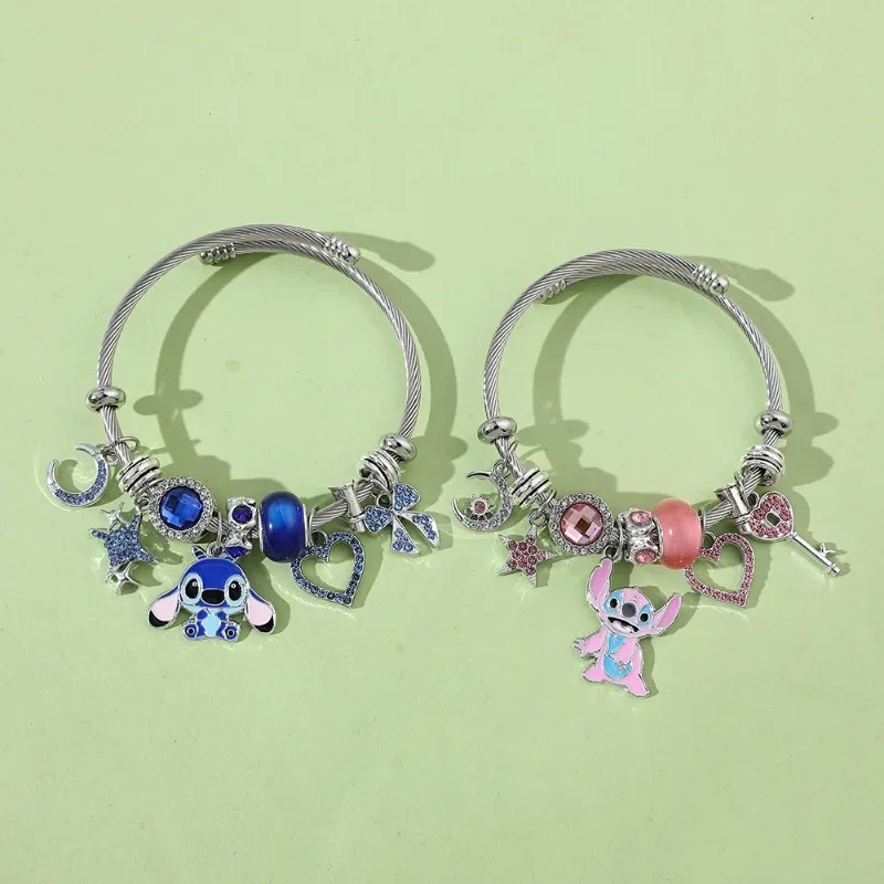 달 별 DIY 파란색 핑크 구슬 장식 귀여운 릴로 & 스티치 매력 팔찌, 사랑 펜던트 Pulsera 쥬얼리 액세서리, 어린이 소녀 선물