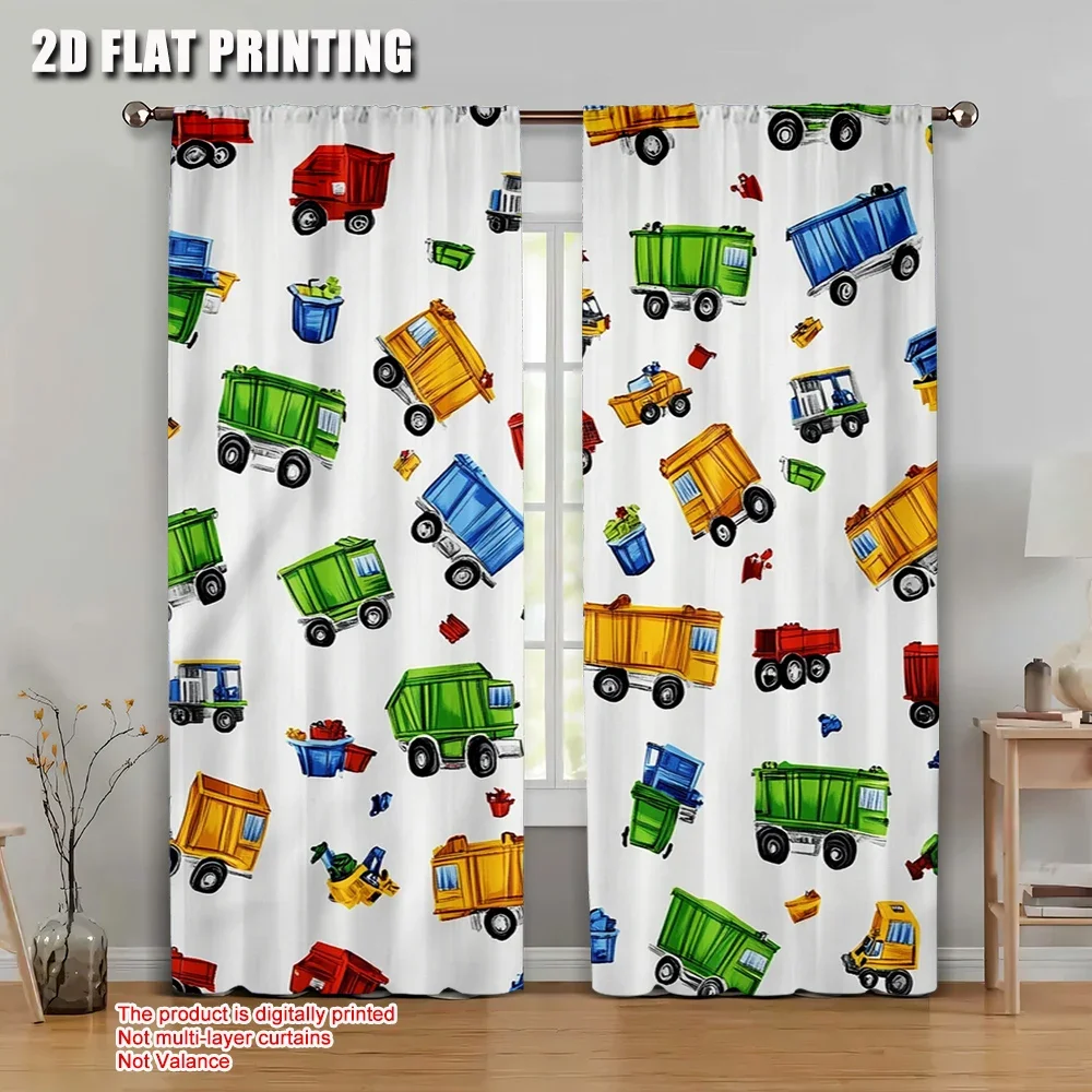 Construction Dump Truck Pattern Curtains 2pcs Kids Nursery Window Drapery Pair Cartoon Printed Room Decor Flat Printing Style