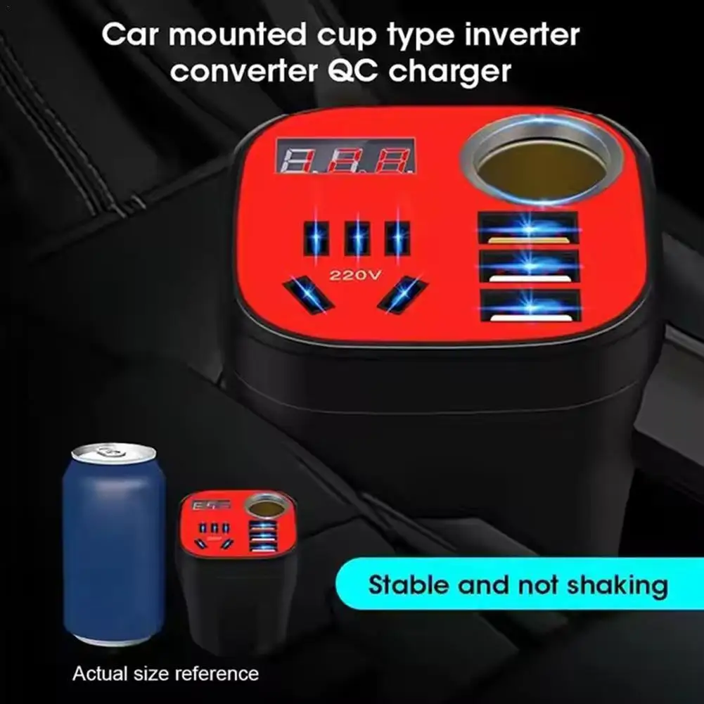 

12V/24V To 220V Portable Car Cup Holder Inverter Converter 150W Multifunctional AC Outlet Dual USB Ports Fast Charge Accossries