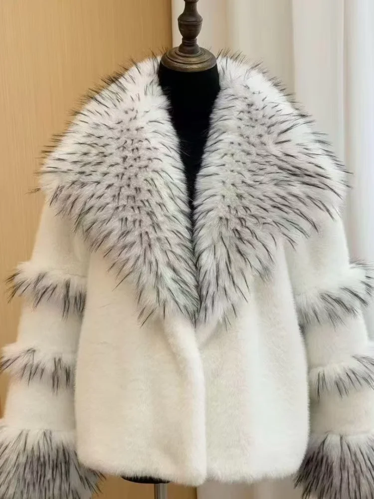Womens Elegant Ivory Faux Fur Jacket Long Sleeve Black Tip Collar Cuff Coat Fall Winter Party Daily Streetwear Warm Outerwear