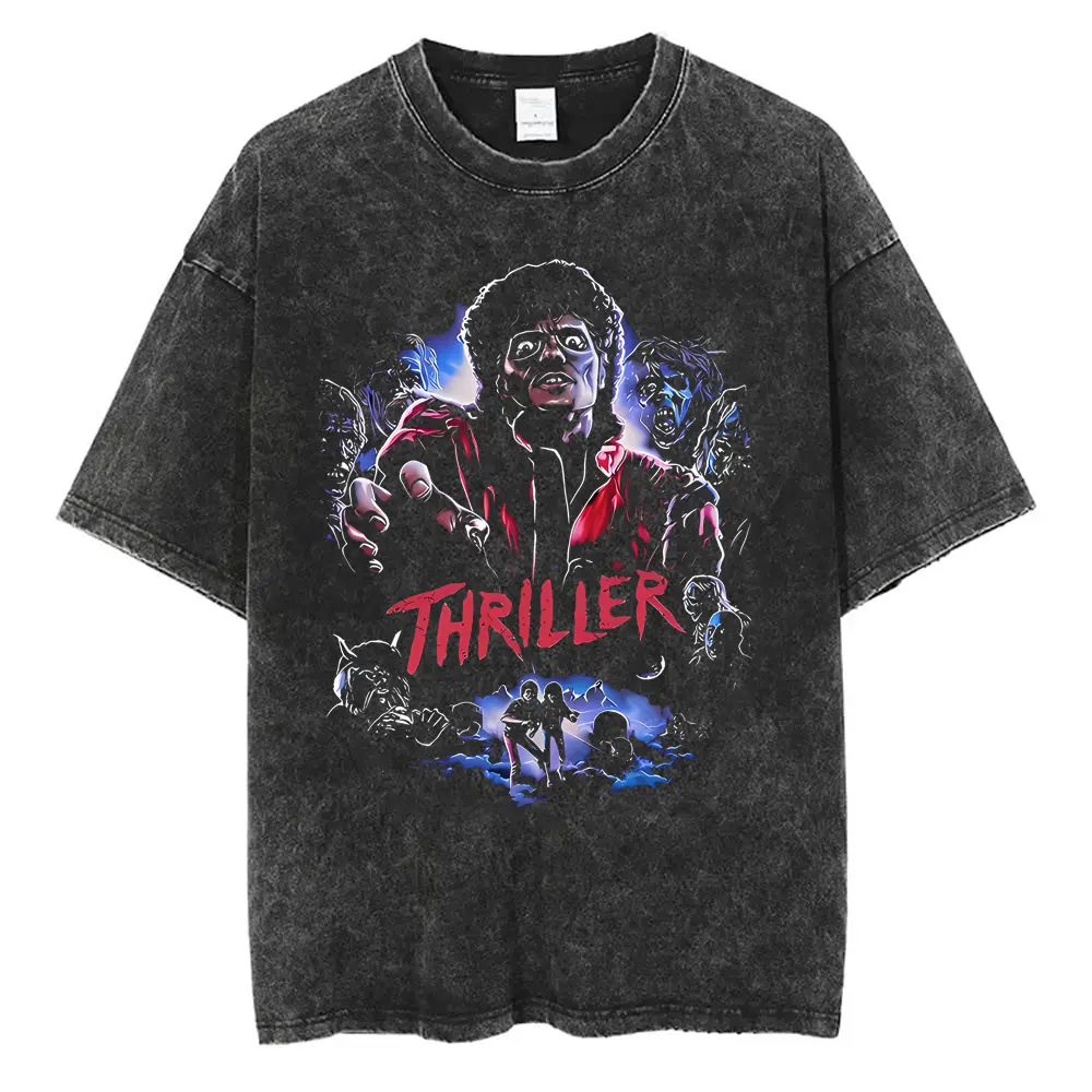 

Washed Vintage Jackson Thriller Graphic T-shirt Men Women Fashion Retro Gothic Rock Tshirt Men's Punk Oversized T Shirts