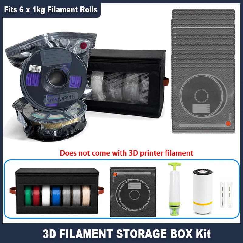 3D Printer Filament Storage Box Kit for 5 Spools with Vacuum Bags Electric or Manual Pump Sealing Clips Clear Window Organizer