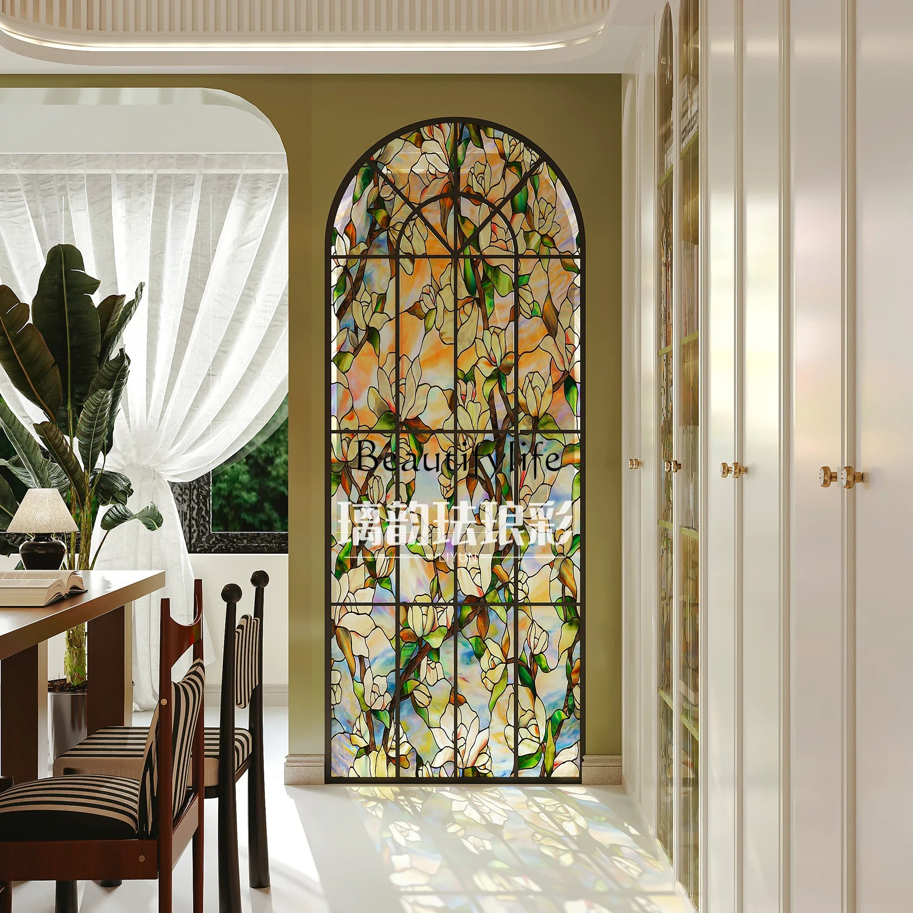 

10*French light luxury retro living room light-transmitting art glass high-end screen partition