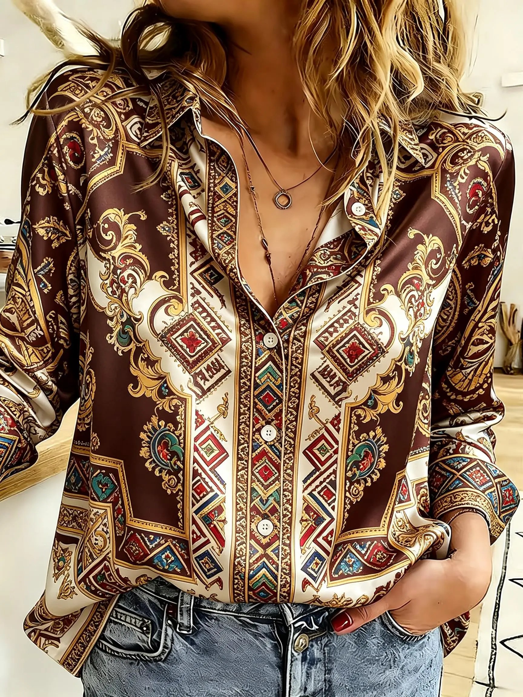Women Vintage Scarf‑Style Geometric Baroque Border Print Turn‑down Collar Long Sleeve Button Front Loose Fit Blouse Top