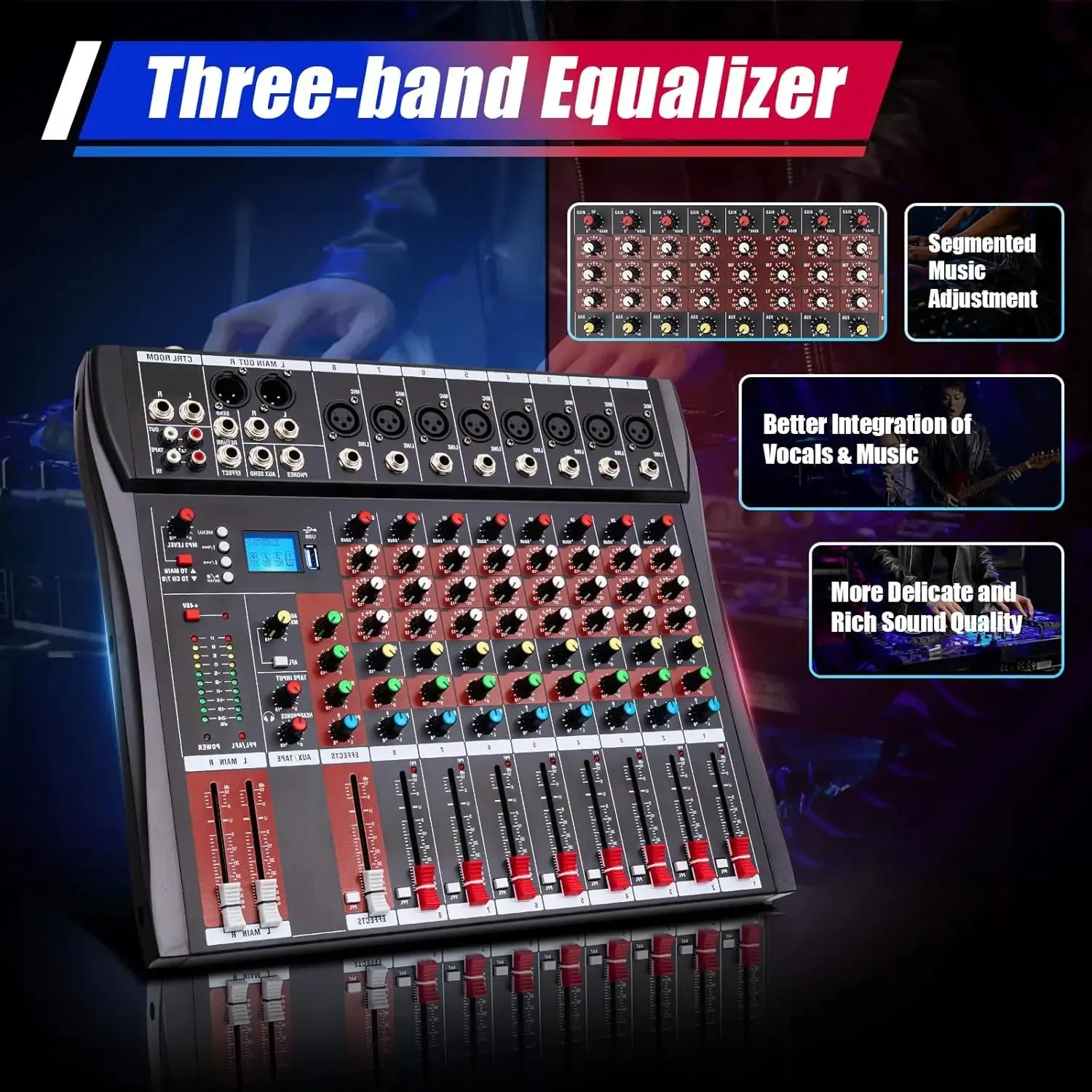 NEW 8 Channel Audio Mixer, Bluetooth USB Live Studio GDAE10 DJ Professional Mixing Console Power Amplifier Sound Board Desk System 3