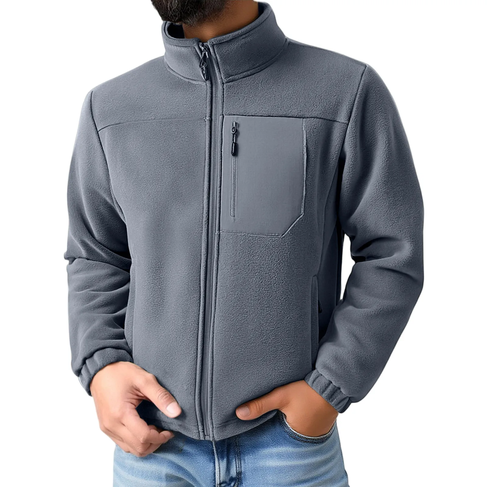 

Men's Winter Full Zip Warm Jacket Thermal Camping Coat Outdoor Fleece Jackets Chest Pocket Hiking Climbing Sportswear Jacket