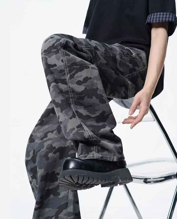 

American High Street Camouflage Pants Unisex Spliced Curved Knife Pants Men's Street Style Jeans Gothic Men's Pants Y2K Clothing