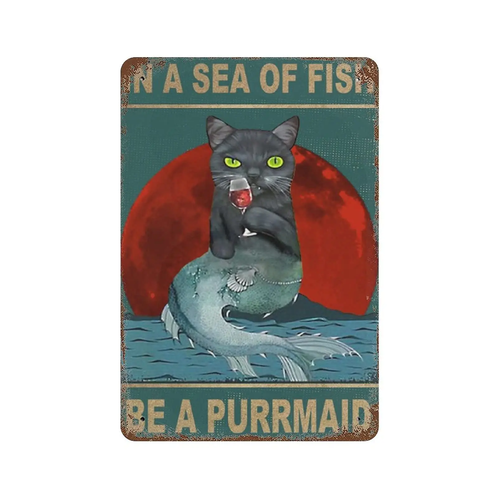 Dreacoss Metal tin Sign，Retro Style， Novelty Poster，Iron Painting，Black Cat in A Sea of Fish Be A Purrmaid, Cat Lovers Tin Sign