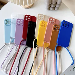 New Crossbody Necklace Cord Lanyard Square Liquid Silicone Phone Case For iPhone 13 12 11 Pro XS Max X XR 7 8 Plus SE Soft Cover