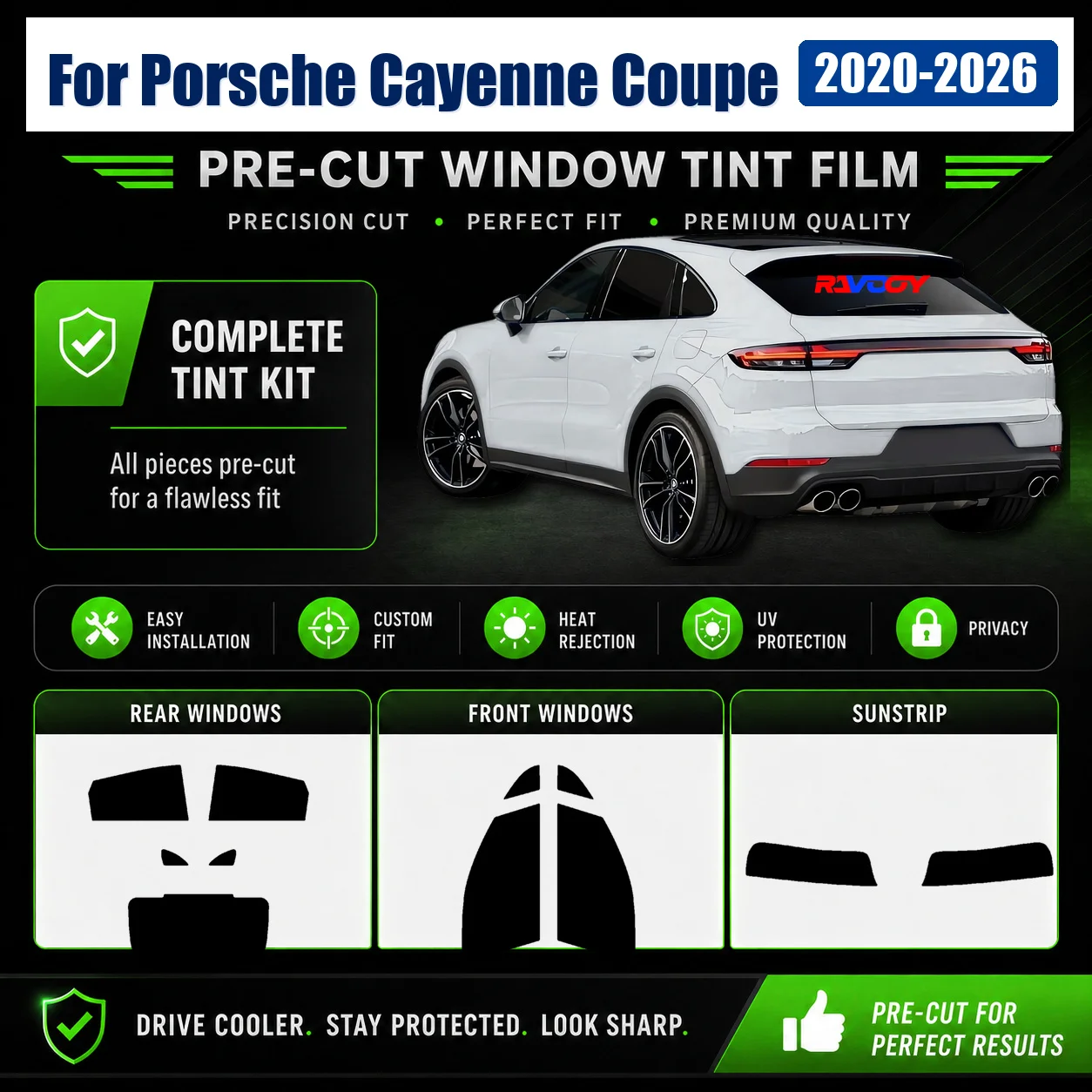 For Porsche Cayenne Coupe 2020-2026 Tailored Complete Window Sun Shade Film RAVOOY Heat Reject