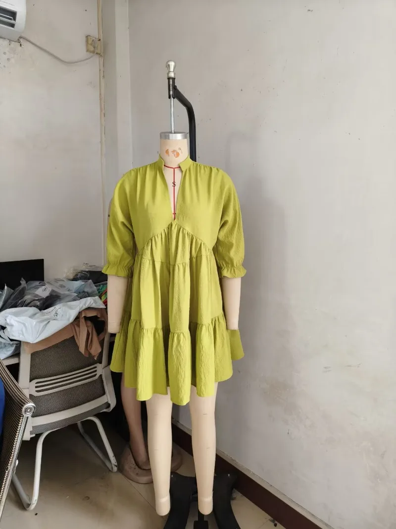 Feminino sólido babados solto casual a linha mini vestido sexy decote em v puff manga camadas plissado streetwear roupas de férias festa robe