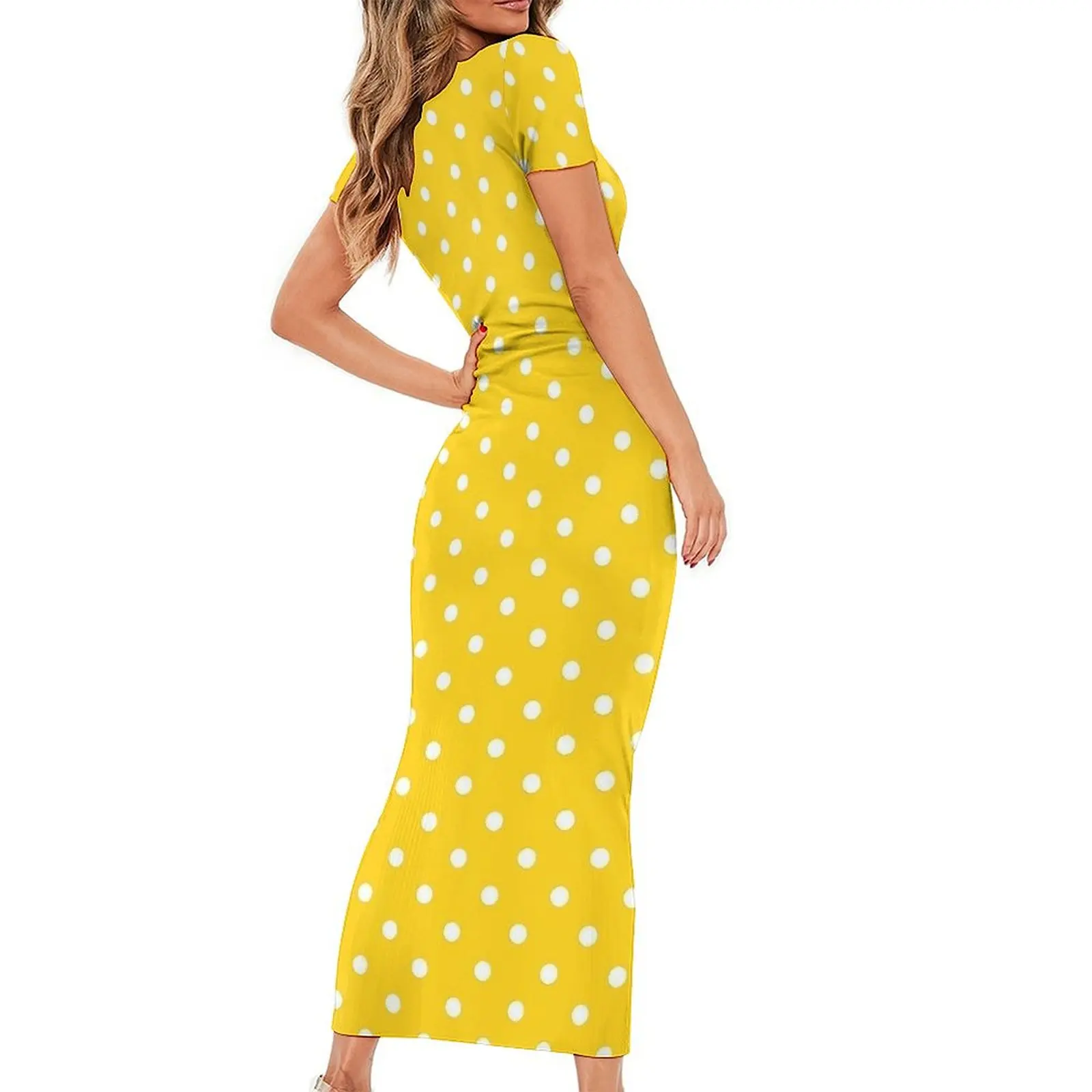 Vintage Polka Dots Dress Short Sleeve XWhite And Yellow Street Fashion Maxi Dresses Retro Bodycon Dress Women Graphic Vestidos