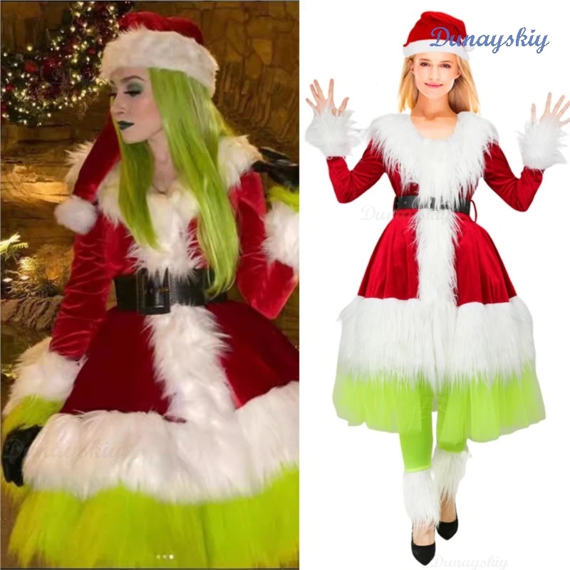 Vestido de Navidad de Papá Noel estilo Ins, disfraces de Cosplay para mujer, disfraces de actuación de fiesta de monstruo de piel verde, capa, peluca, diablo, 2025