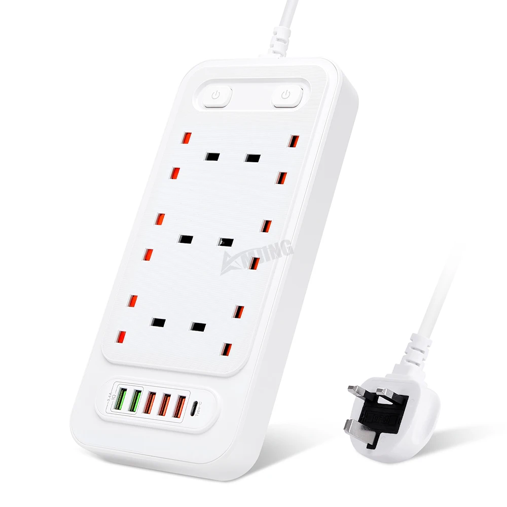 

Power Strip UK Plug Extension Cord Power Strip With USB Ports TYPE-C 2M Wire 2 Switches Surge Protector Desktop Charger Socket