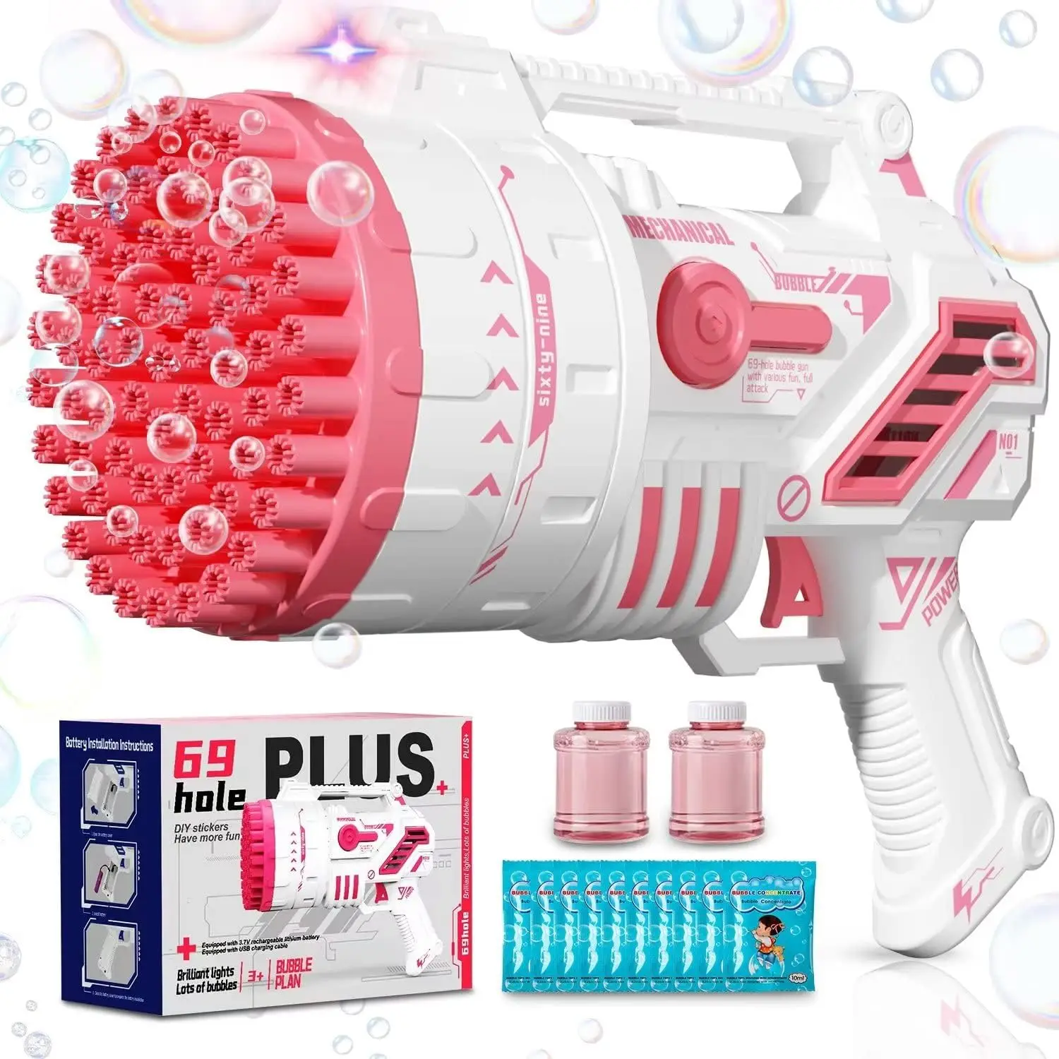 69-Hole Bubble Machine Gun Bubble Launcher with Bright Lights Bubble Blower for Outdoor Birthday Party Wedding Social Summer Toy