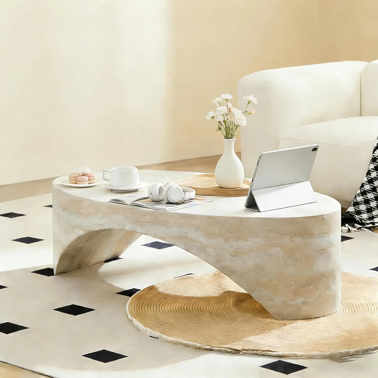 

Современный арочный журнальный столик 43,31 дюйма, журнальные столики из стекловолокна с имитацией мрамора, минималистичный овальный журнальный столик-мост, на заказ