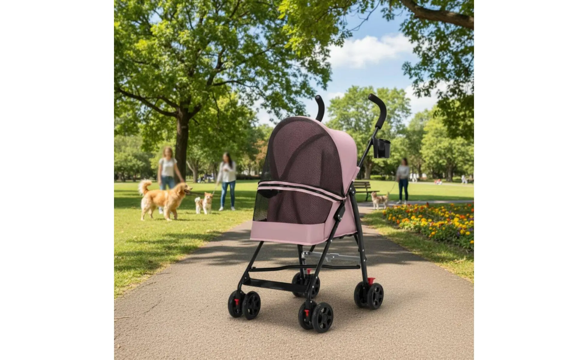 Foldable Pet Stroller Ventilated Lightweight Pet Stroller Brake System Cup Holder for Dogs, Travel, Park
