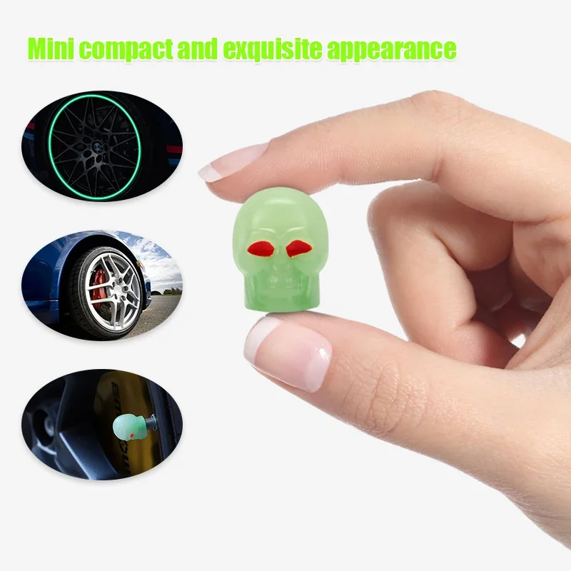 Car Tire Valve Caps Fluorescent Skull Head Auto Motorcycle Bicycle Nozzle Cap Decor Night Glowing Wheel Plug Cover Accessories