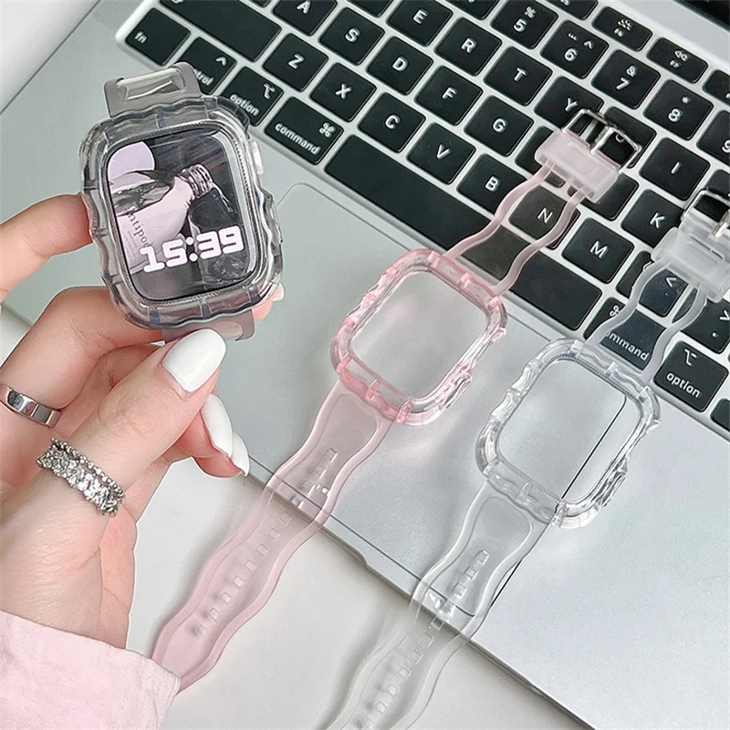 Band + Case Transparent For Apple Watch 8 7 6 SE 5 4 3 Transparent Silicone Strap For iWatch Strap 40mm 44mm 42mm 41mm 45mm