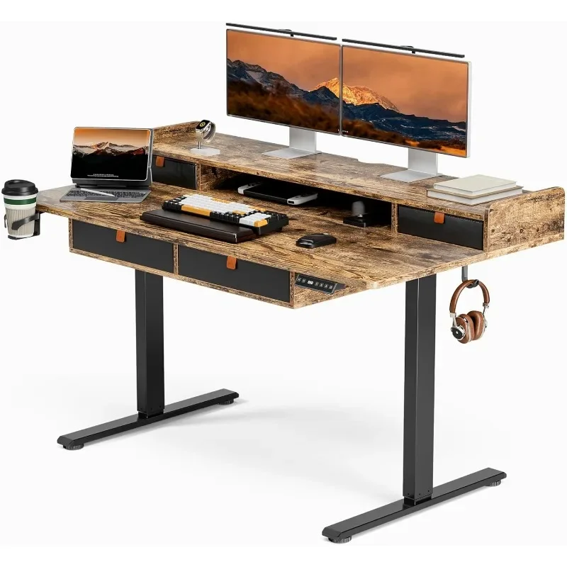 Standing desk with drawers, adjustable height desk, sit-stand desk with double storage shelves, home office computer desk