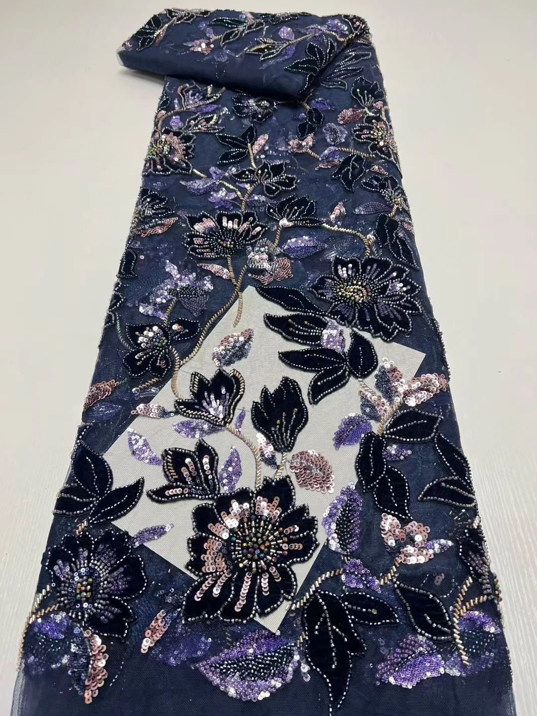

Luxury Navy Blue Wedding Dress New French Velvet Sequin Lace Fabric 5 Yards Exquisite Nigerian African Hand Beaded Lace Fabric