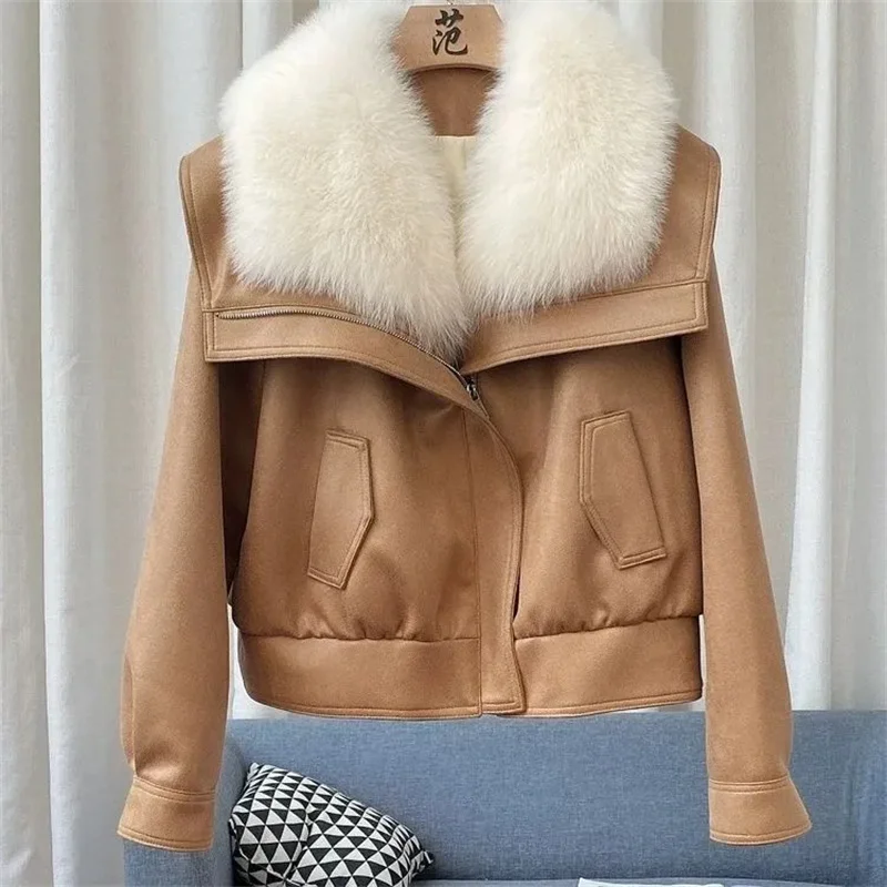 2024 Winter New Fox Fur Grass Jacket Women\'s Short Thicken Warm Parker Overcoat Female Zipper Motorcycle Jackets