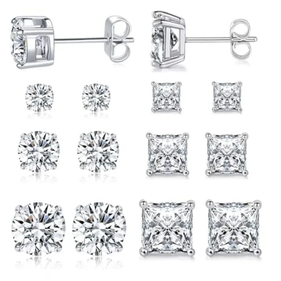 

MDFUN 6 Pairs Stud Earrings Set 3mm/5mm/7mm Princess and Round Cubic Zirconia Earrings Hypoallergenic 316L Surgical CZ Earrings
